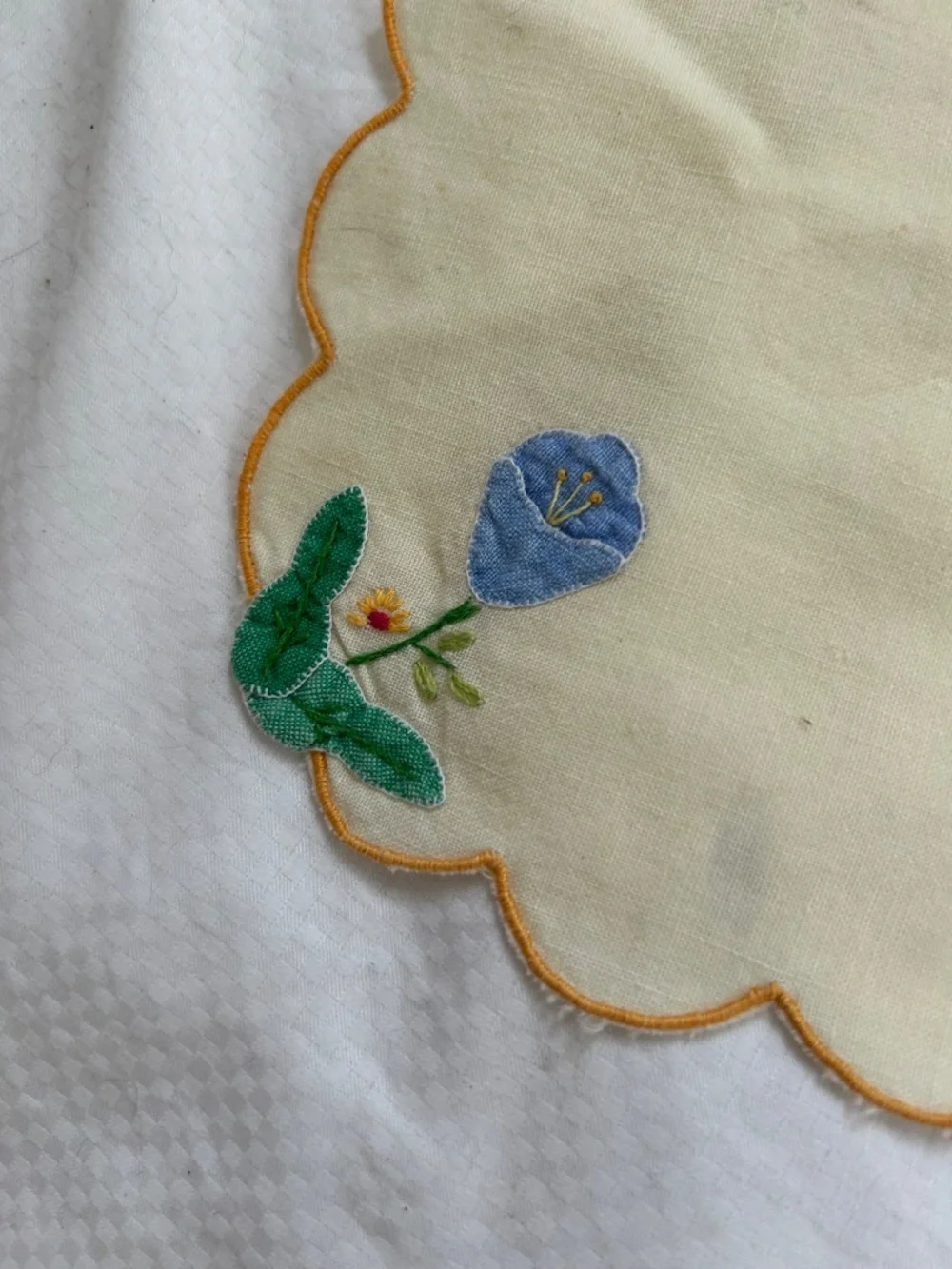 Antique St Barth handmade embroidered applique set 8 blue white doilies center